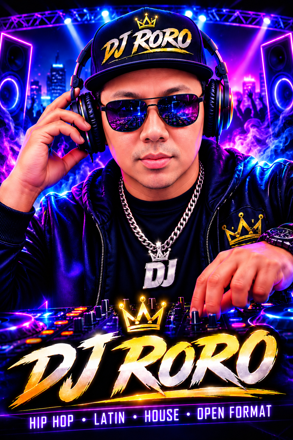 DJ RORO at the decks wearing his signature crown cap and headphones