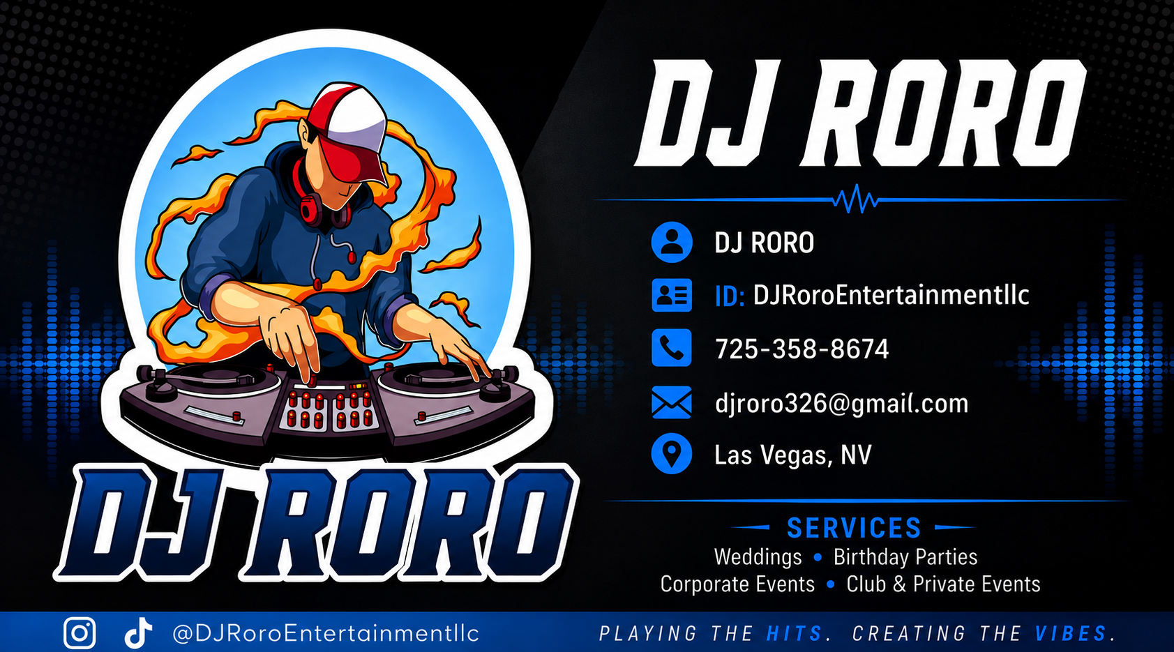 DJ RORO Entertainment LLC business card with cartoon DJ logo